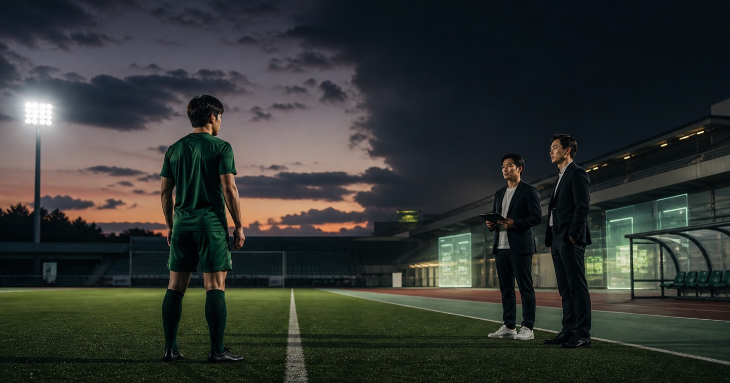 夕暮れのサッカー場で、選手とクラブ担当者が向き合うPITCH MARKETのイメージ